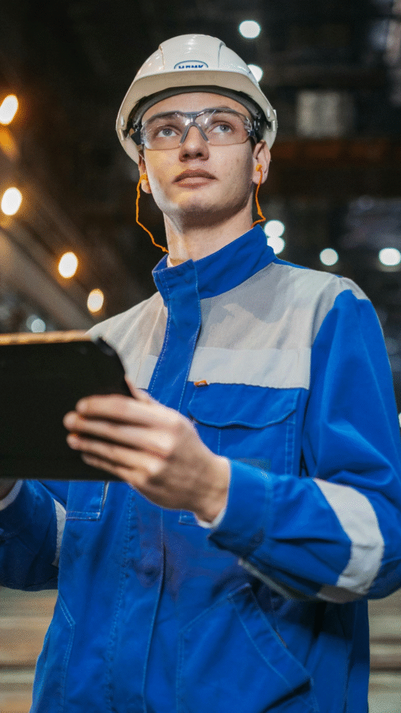 SCAFFOLDING training in uae A worker in a blue uniform and helmet holds a tablet, standing in an industrial setting lit by warm overhead lights.