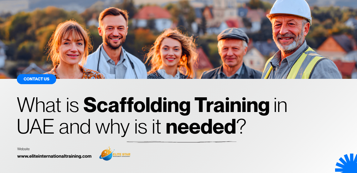 A group of professionals standing outdoors, discussing scaffold inspection in the UAE, with a scenic backdrop of buildings and trees.