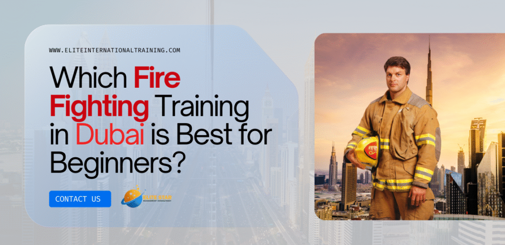fire fighter training in dubai A firefighter in uniform holds a helmet, with Dubai's skyline featuring iconic buildings in the background. Contact information displayed.